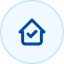 Circle with a little house inside. Inside the house is a blue check